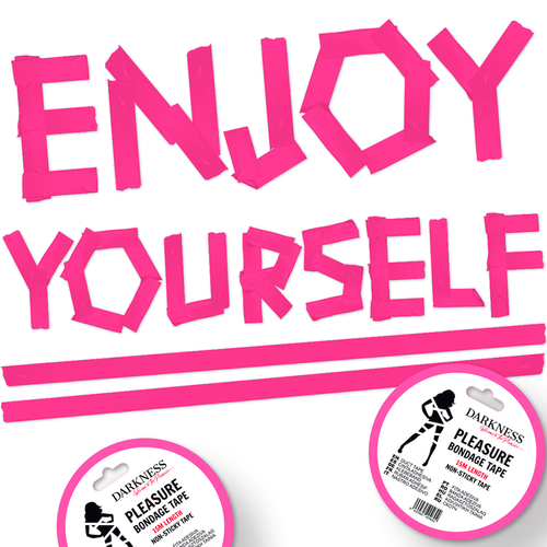Ruban de bondage Darkness rose presente avec le slogan Enjoy Yourself, rouleau non collant de 15 metres qui ne colle qu a lui-meme pour des liens improvises.