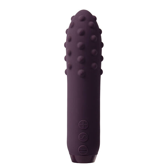 Mini vibromasseur Duet violet foncé debout, corps en silicone à face couverte de petits points perlés et face lisse, commandes en bas, design texturé non anatomique.