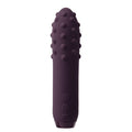 Mini vibromasseur Duet violet foncé debout, corps en silicone à face couverte de petits points perlés et face lisse, commandes en bas, design texturé non anatomique.