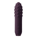 Mini vibromasseur Duet violet foncé debout, corps en silicone à face couverte de petits points perlés et face lisse, commandes en bas, design texturé non anatomique.