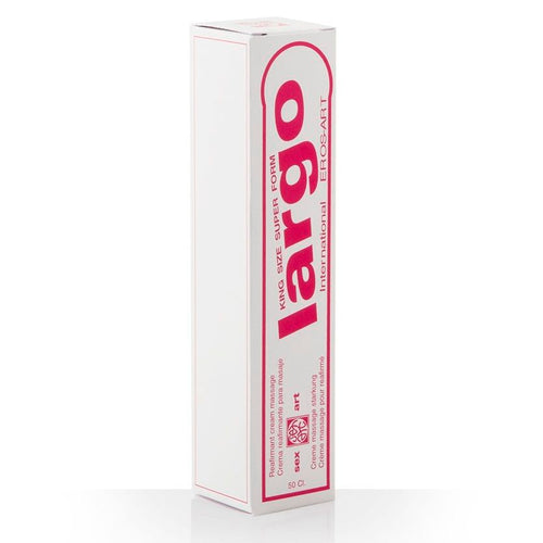 Boite verticale rose et blanche de la creme Largo 50 ml debout sur fond blanc, soin masculin a appliquer avant les rapports pour favoriser la turgescence.