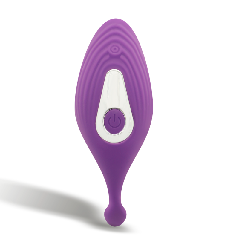 Stimulateur Mindy violet en silicone vu de dessus, panneau de commande blanc avec bouton power ; culotte vibrante discrete a porter, dix modes, etanche, pilotage sans fil Intense