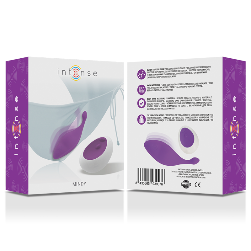 Boite Mindy Intense recto verso de la culotte vibrante violette avec telecommande ; stimulateur en silicone a porter dans la culotte, dix modes, etanche IPX7, jeux a distance