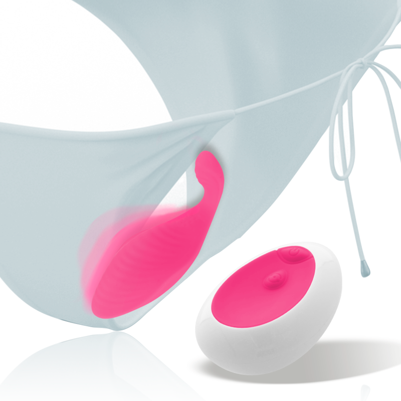 Oeuf vibrant Rob rose glisse dans une lingerie claire, telecommande blanche et rose posee a cote ; stimulateur en silicone discret, forme ondulee, pilotage a distance Intense