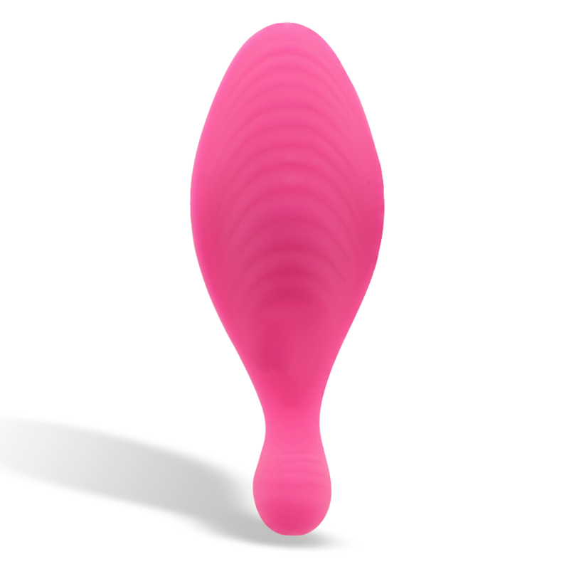 Stimulateur Rob rose en silicone vu de face, corps ondule prolonge d'une fine queue ; sextoy discret a glisser dans la culotte, pilotage par telecommande, silicone doux Intense