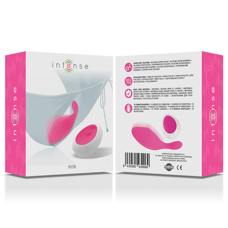 Boite Rob Intense recto verso du stimulateur vibrant rose avec sa telecommande ; sextoy en silicone a porter dans la culotte, forme ondulee, pilotage a distance, discret