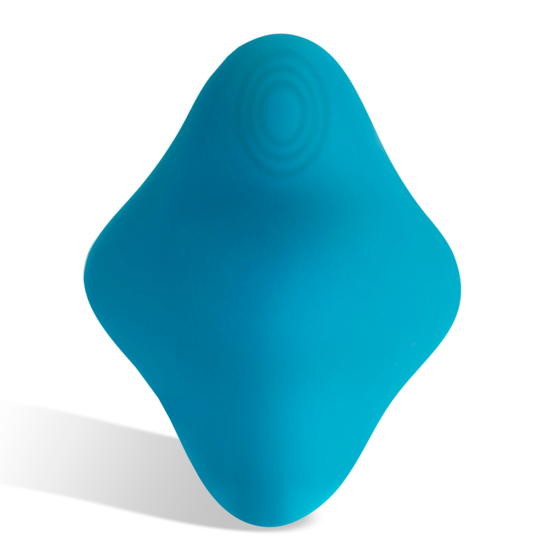 Culotte vibrante Samantha bleue vue de face, forme en losange souple ; stimulateur en silicone a glisser dans la culotte, deux moteurs, dix modes, etanche IPX7, telecommande