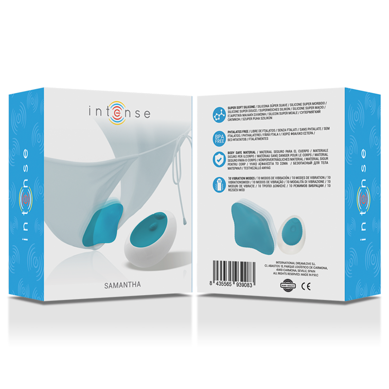 Boite Samantha Intense recto verso de la culotte vibrante bleue avec telecommande ; stimulateur en silicone a deux moteurs, dix modes, etanche IPX7, pilotage sans fil discret