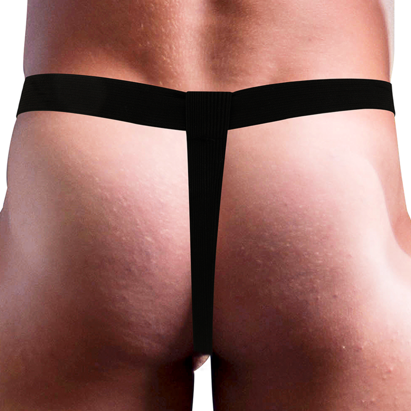 Vue arrière d'un homme portant le harnais Intense, sangle élastique noire type tanga