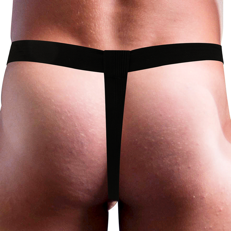 Vue arrière d'un homme portant le harnais Intense TPR, sangle élastique noire type tanga