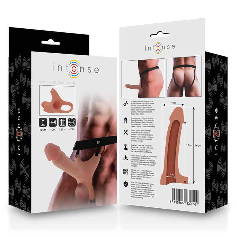 Emballage Intense Silicone Hollow Strap-On, faces avant et arrière avec photos du produit porté et schéma dimensionnel