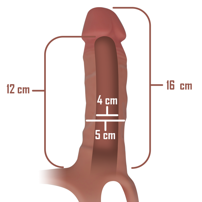 Schéma technique de la gaine en silicone du harnais Intense avec les dimensions 12 cm, 16 cm, 4 cm et 5 cm