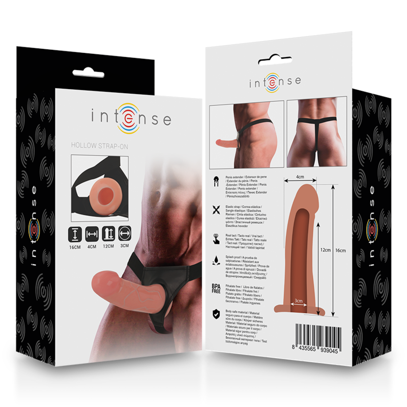Emballage Intense Hollow Strap-On TPR, faces avant et arrière avec photos du produit porté et schéma dimensionnel
