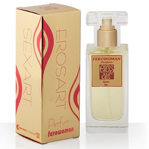 Parfum aux pheromones Ferowoman 50 ml, etui dore Erosart et flacon vaporisateur transparent, fragrance de seduction pour femme a porter au quotidien.