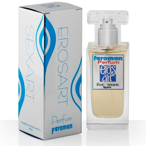 Boite Eros Sexart Feroman avec flacon vaporisateur en verre, parfum aux pheromones pour homme, liquide ambre visible, touche de seduction au quotidien