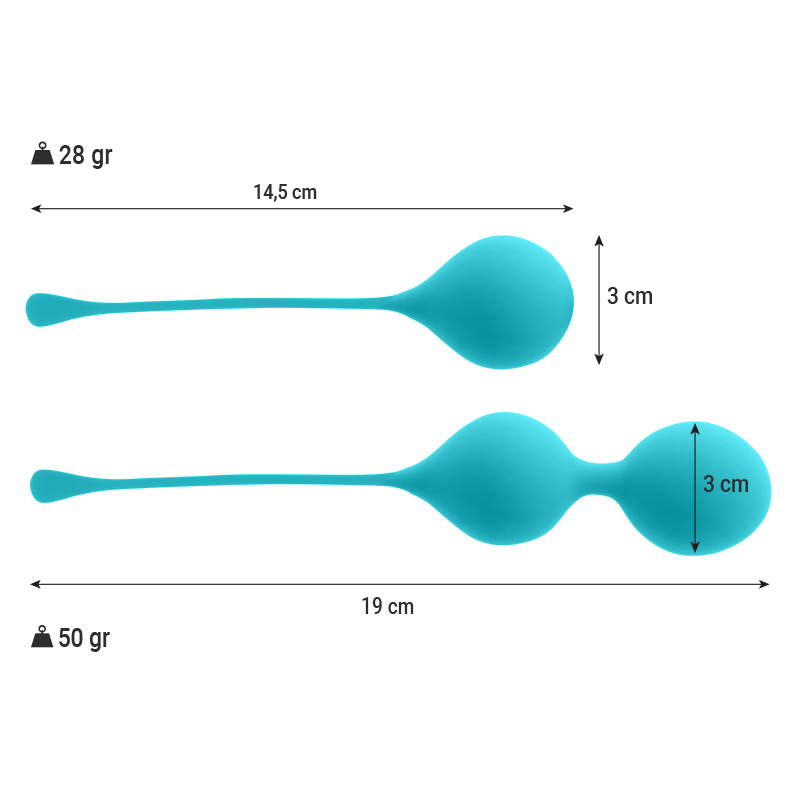 Schema cote des boules de Geisha turquoise, longueurs 14,5 cm et 19 cm, diametre 3 cm, poids 28 g et 50 g, kit de Kegel progressif Intense.