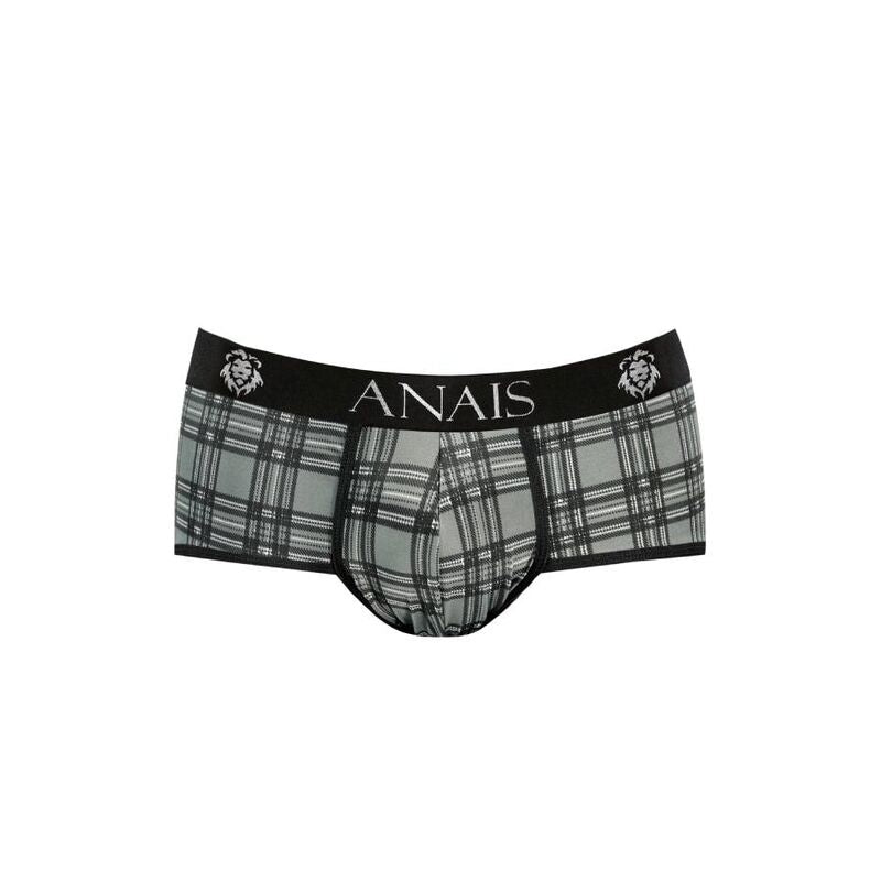 Slip homme carreaux gris Balance presente seul de face, microfibre douce, imprime tartan gris et noir, ceinture large signee Anais.