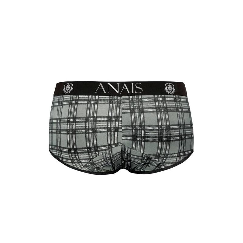 Slip carreaux gris Balance vu de dos sans modele, microfibre extensible opaque, motif tartan, coupe sportive jambes courtes ajustee.