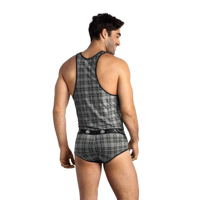 Debardeur et slip carreaux gris vus de dos sur mannequin, microfibre extensible, dos racerback echancre, motif tartan et coupe ajustee.