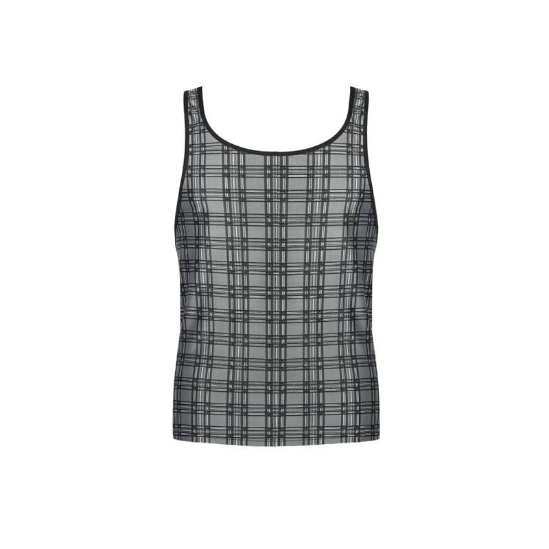 Debardeur homme carreaux gris presente seul de face, maille microfibre tartan gris, encolure et emmanchures bordees, coupe moulante ajustee.