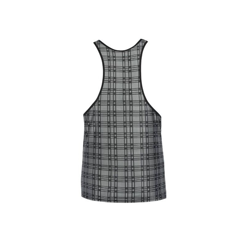 Debardeur carreaux gris vu de dos sans modele, dos nageur racerback profond, microfibre a imprime tartan, coupe ajustee signee Anais.