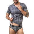 T-shirt carreaux gris porte de face avec slip assorti, microfibre moulante, motif tartan, coupe ajustee, bas du tee releve sur le buste.