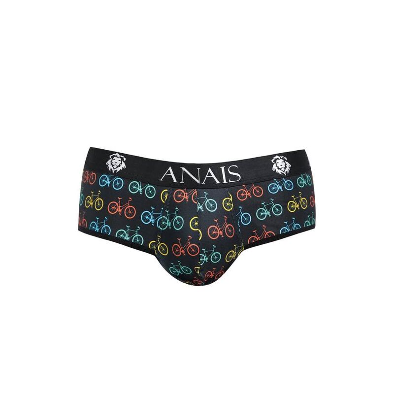 Jockstrap Benito Anais a plat de trois quarts, pochette avant imprimee velos multicolores, ceinture ANAIS et maille polyamide stretch.