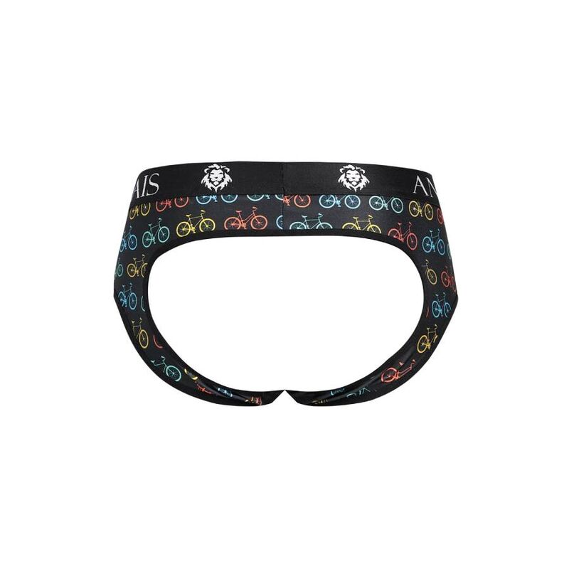 Jockstrap Benito Anais a plat vue arriere ouverte, lanieres elastiques et imprime velos colores sur fond noir, coupe fesses ouvertes.