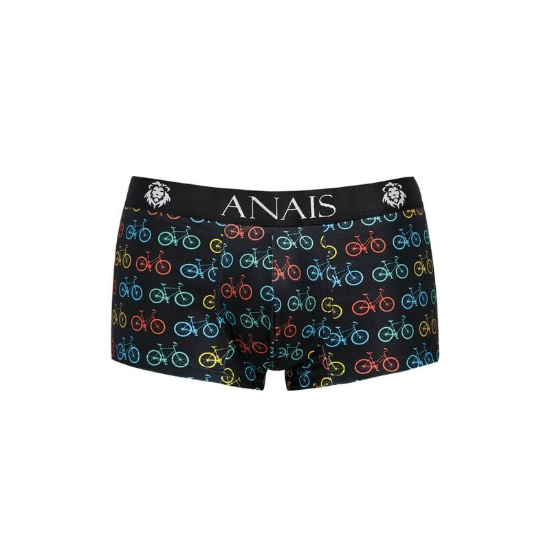 Boxer homme Benito Anais a plat de face, maille noire imprimee velos multicolores, ceinture ANAIS large, coupe sportive jambes courtes.