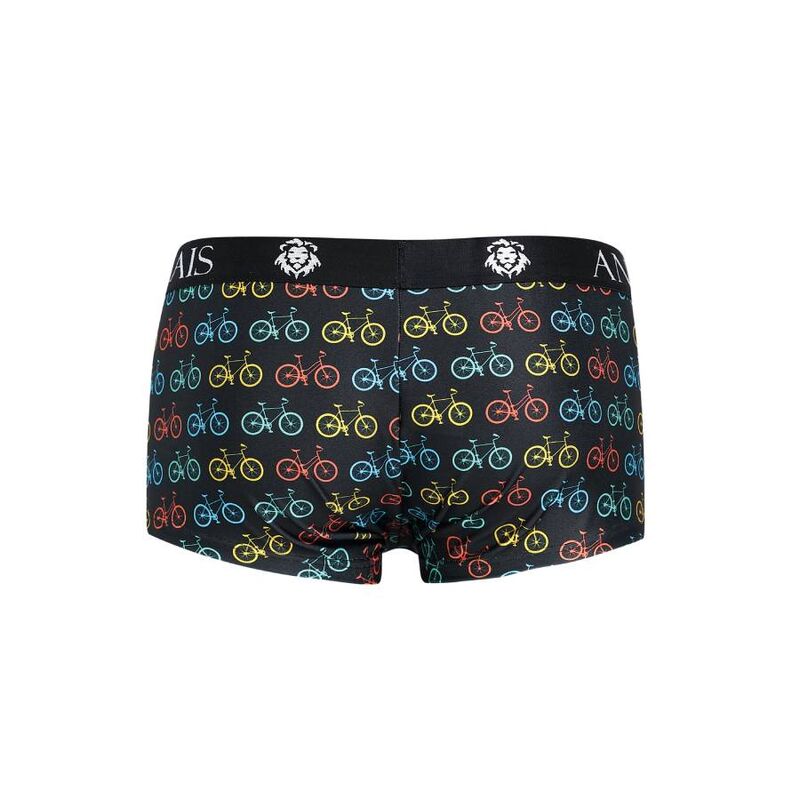Boxer Benito Anais a plat vue avant, imprime velos colores sur fond noir, bande de taille logo et maille polyamide elasthanne stretch.