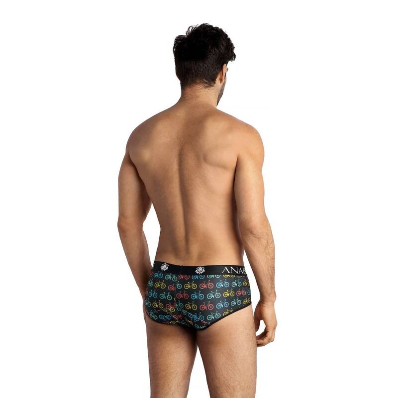 Vue de dos d'un mannequin torse nu en slip Benito Anais imprime velos multicolores, maille noire stretch epousant la silhouette.