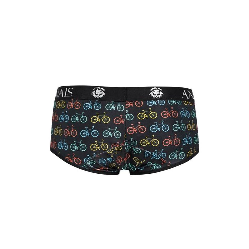 Slip Benito Anais a plat vue avant, imprime velos multicolores sur polyamide noir, bande de taille logo et coupe ajustee stretch.