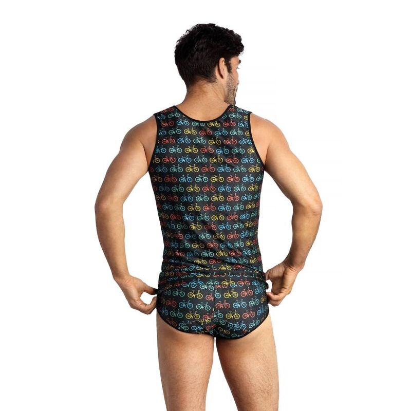 Vue de dos d'un mannequin en debardeur et slip Benito Anais imprime velos, maille noire sans manches degageant les epaules nues.