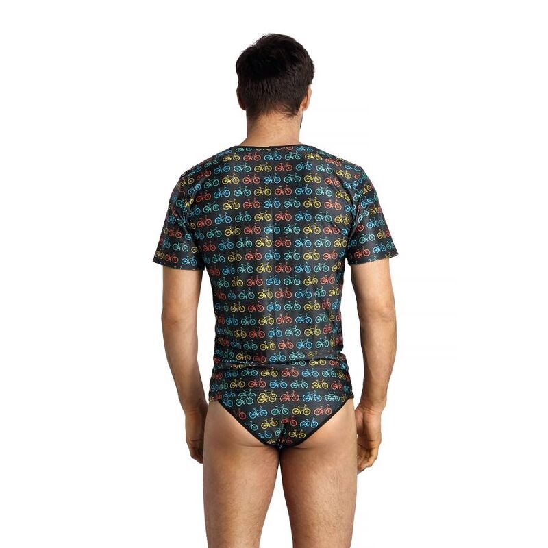 Vue de dos d'un mannequin en t-shirt et slip Benito Anais imprime velos colores, maille stretch manches courtes pres du corps.
