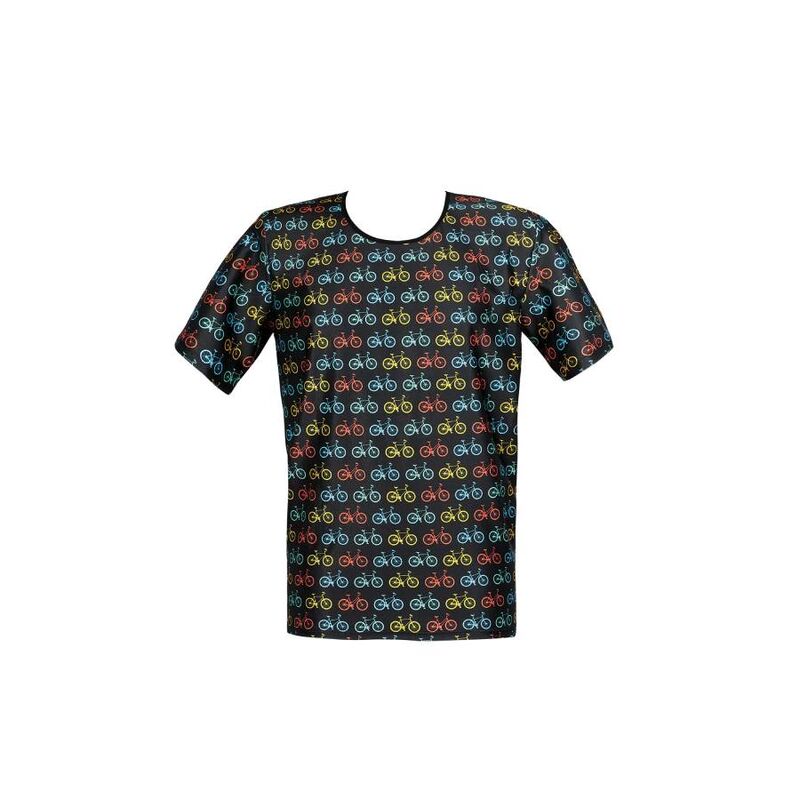 T-shirt homme Benito Anais a plat de face, maille noire imprimee velos multicolores, manches courtes et encolure ronde ajustees.