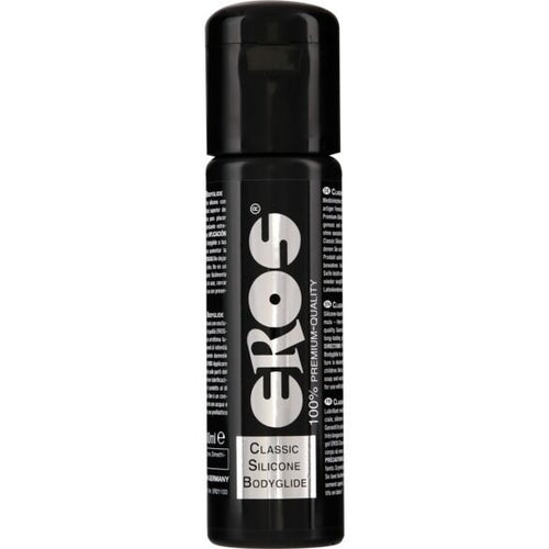 Lubrifiant Eros Classic Silicone Bodyglide, flacon noir a etiquette argentee, base silicone premium glisse pure et durable fabrication allemande qui tient sous l'eau.