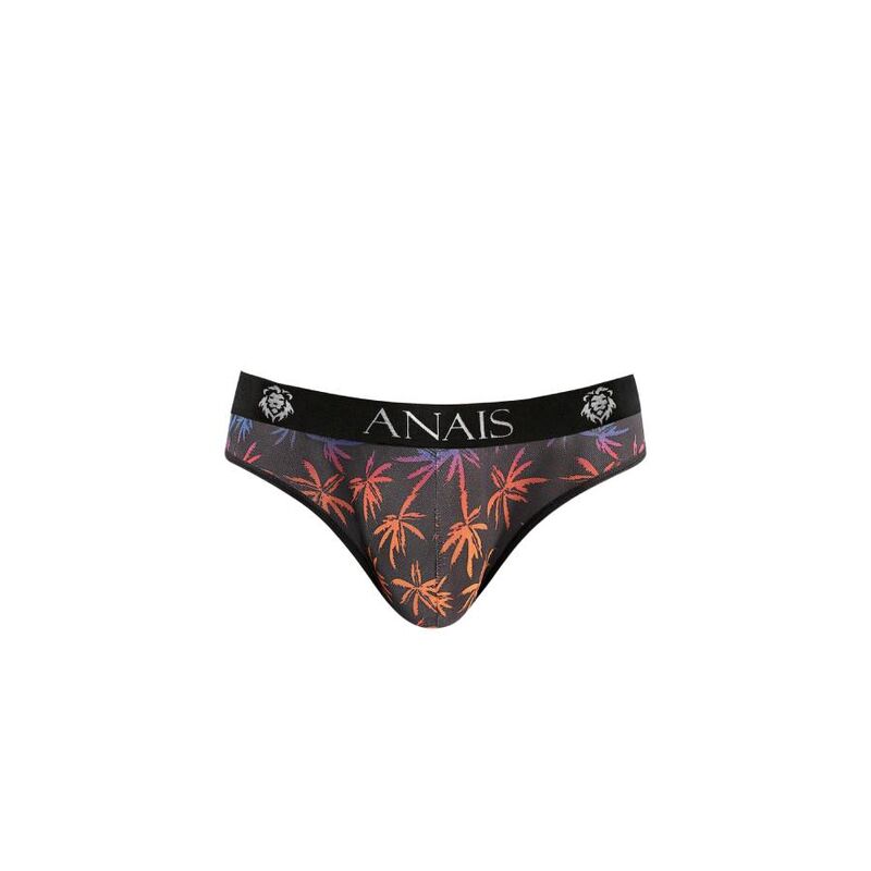 Slip Chill Anais a plat de face, tulle noir imprime palmiers colores, ceinture ANAIS et coupe ajustee en maille semi-transparente.