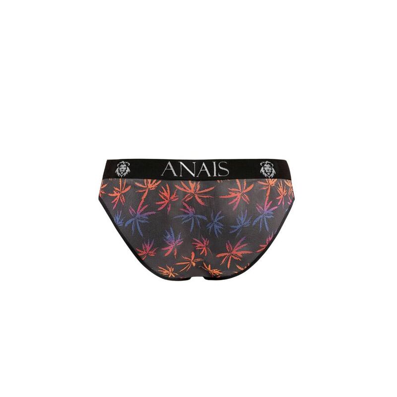 Slip homme Chill Anais a plat de trois quarts, tulle noir a palmiers multicolores, bande logo et coupe moulante stretch.