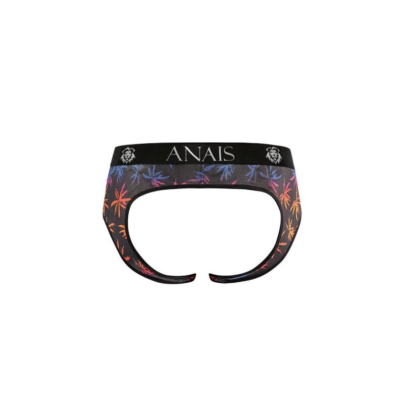 Jockstrap homme Chill Anais a plat vue arriere ouverte, tulle noir palmiers multicolores, lanieres et coupe fesses ouvertes.