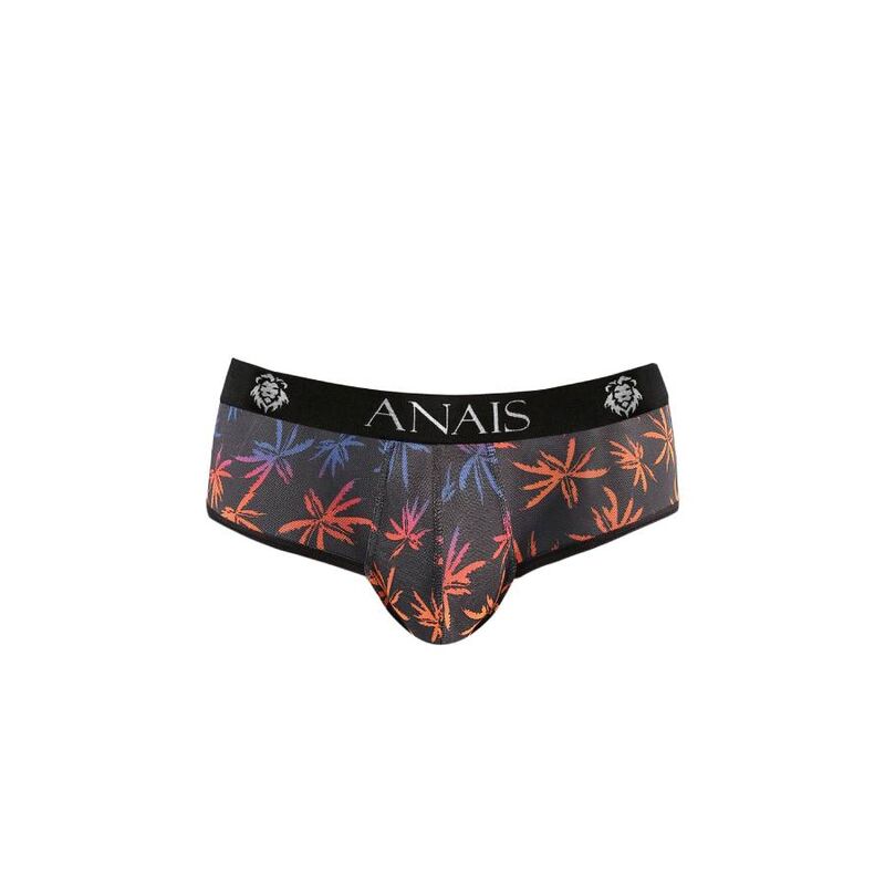 Jockstrap Chill Anais a plat de trois quarts, tulle noir imprime palmiers colores, pochette avant et ceinture ANAIS logo.