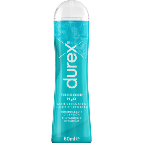 Flacon turquoise Durex Frescor H2O de lubrifiant base eau 50 ml vu de face, effet picotement chauffant-refroidissant sans menthol, compatible sextoys et preservatifs.