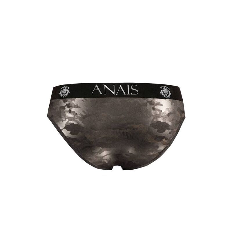 Slip homme microfibre Electro Anais vu a plat de face, imprime camouflage militaire ton sur ton, ceinture noire siglee, microfibre fine extensible coupe ajustee, presente seul sans corps