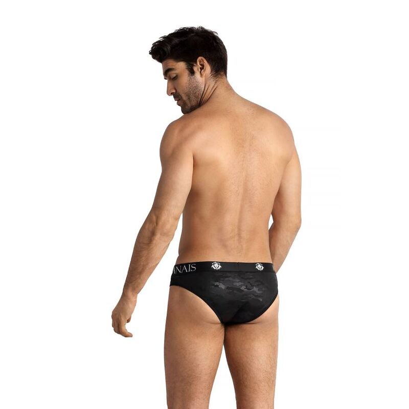 Slip homme microfibre militaire Electro vu de dos sur un mannequin au dos nu de profil, imprime camouflage discret, ceinture Anais, microfibre extensible coupe ajustee respirante