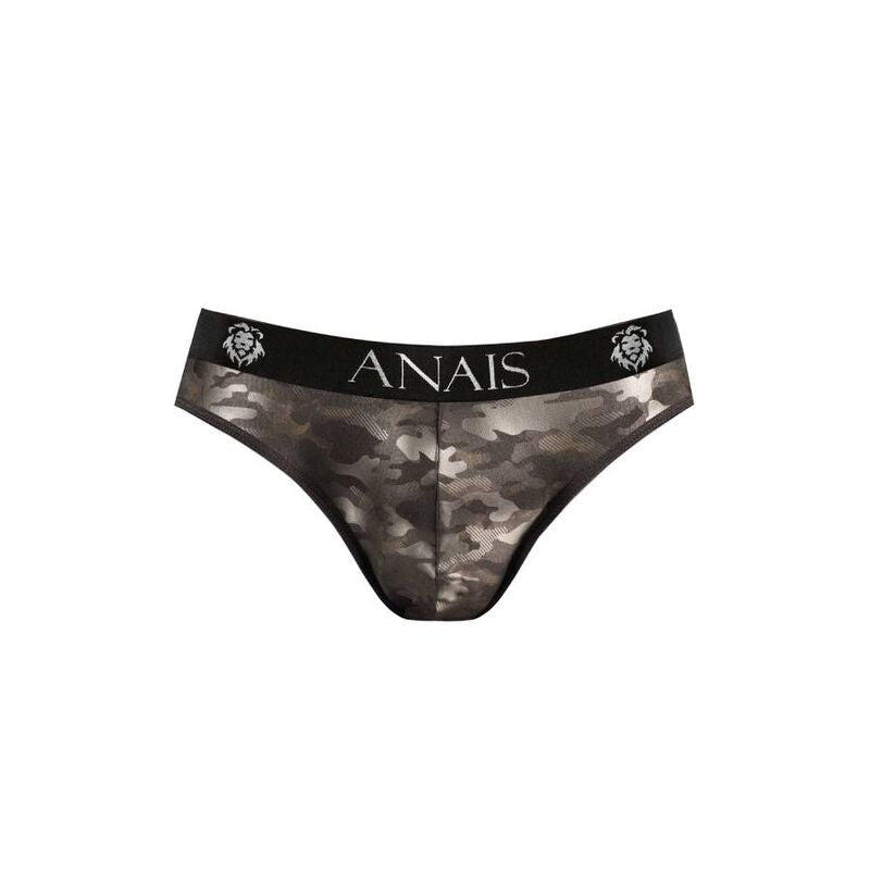 Slip homme microfibre Electro Anais a plat de trois quarts face, imprime camouflage militaire ton sur ton, ceinture noire siglee, microfibre douce et moulante, presente seul sans modele