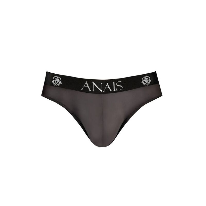 Slip homme tulle Eros Anais a plat de face sur fond blanc, noir a finition elegante, ceinture noire siglee, maille tulle souple extensible coupe ajustee, presente seul sans modele visible