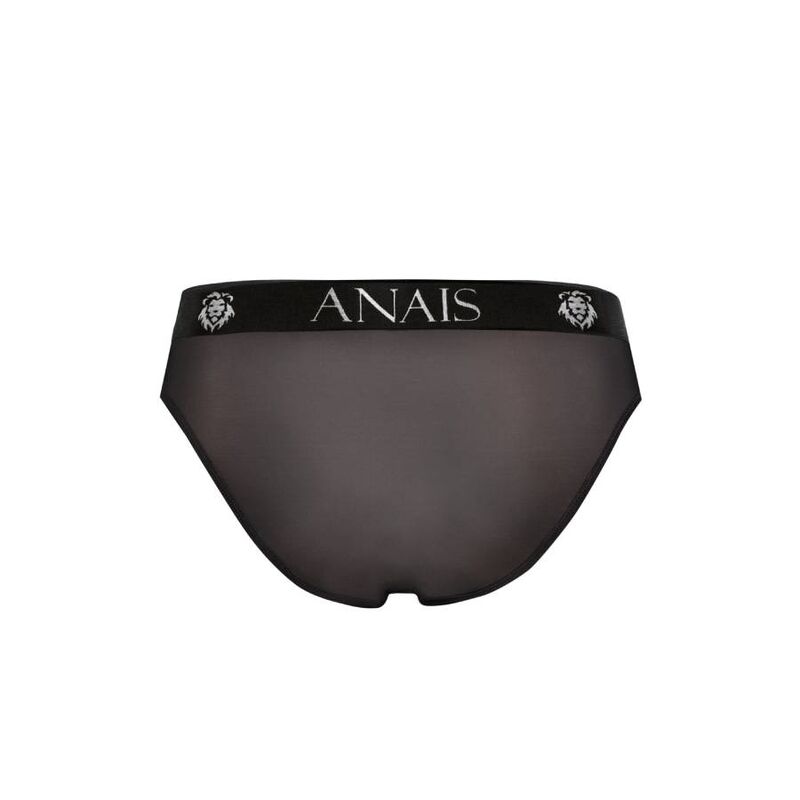 Slip homme tulle Eros Anais vu a plat de dos, noir elegant, ceinture noire siglee, maille tulle douce et extensible epousant les fesses coupe ajustee, presente seul sans corps