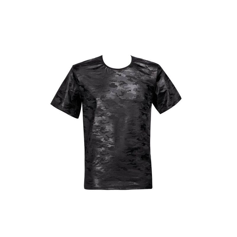 T-shirt homme microfibre Electro Anais a plat de face, manches courtes, imprime camouflage noir discret, encolure ronde, microfibre fine opaque et moulante, presente seul sans modele