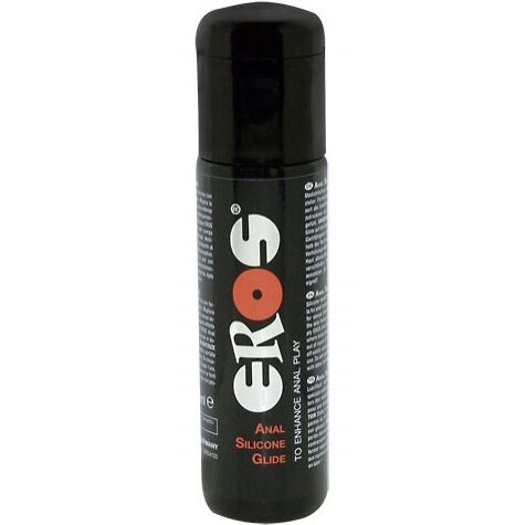 Flacon noir Eros Anal Silicone Glide, lubrifiant anal base silicone, vue de face, texture epaisse a glisse longue duree pour le confort du jeu anal