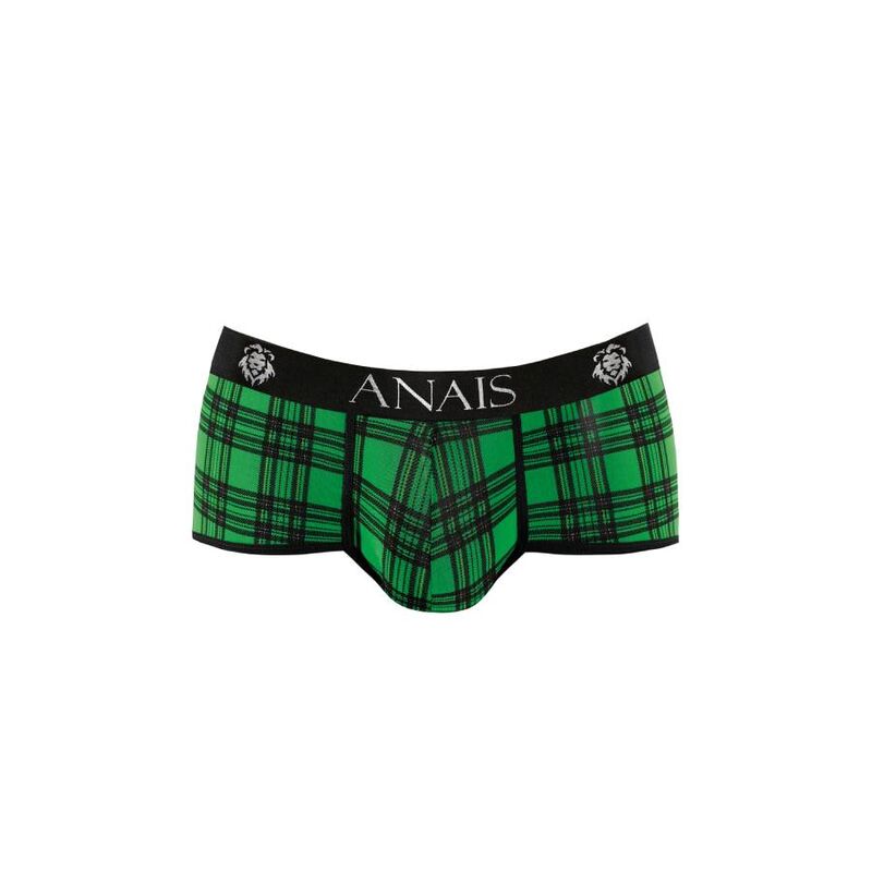 Slip echancre homme Magic presente a plat de face, carreaux verts et noirs en lycra doux, ceinture noire siglee Anais, pochette galbante, lingerie masculine.
