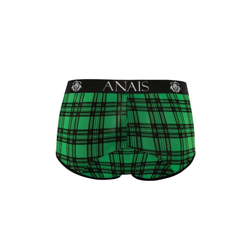 Slip echancre homme Magic vu de dos a plat, maille a carreaux verts et noirs, ceinture elastique Anais, coupe arriere couvrante de lingerie masculine confortable.